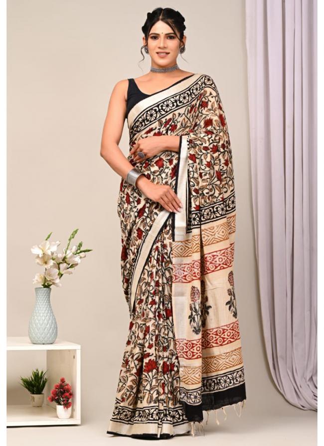 Cotton  Cream Daily Wear Printed Saree